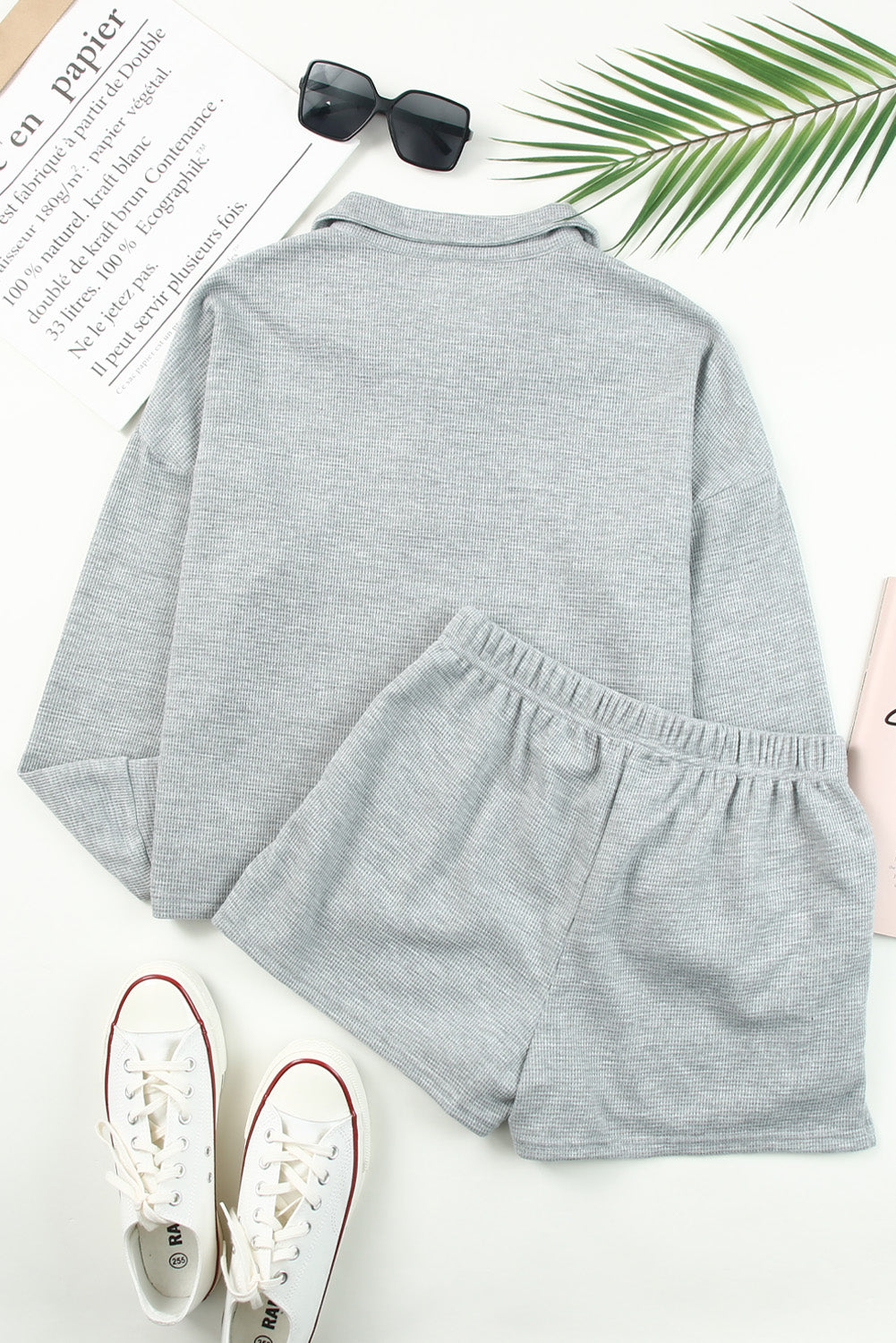 Waffle Zipped Sweatshirt and Shorts Set