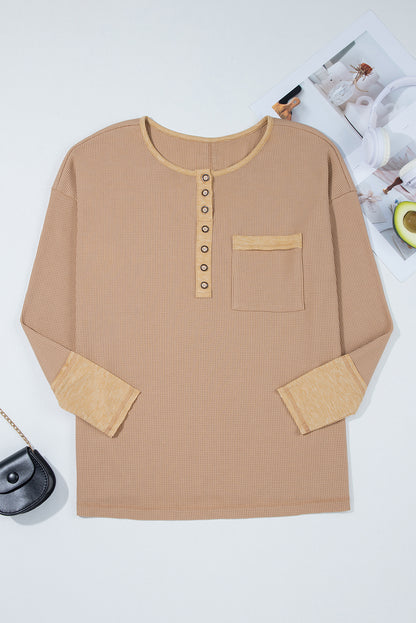 Colorblock Waffle Textured Henley Top