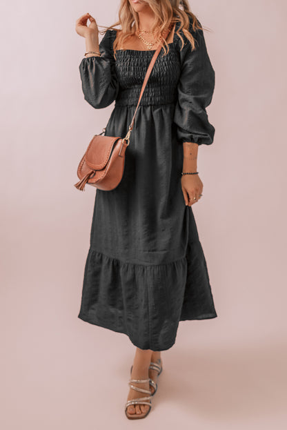 Smocked Square Neck Midi Dress