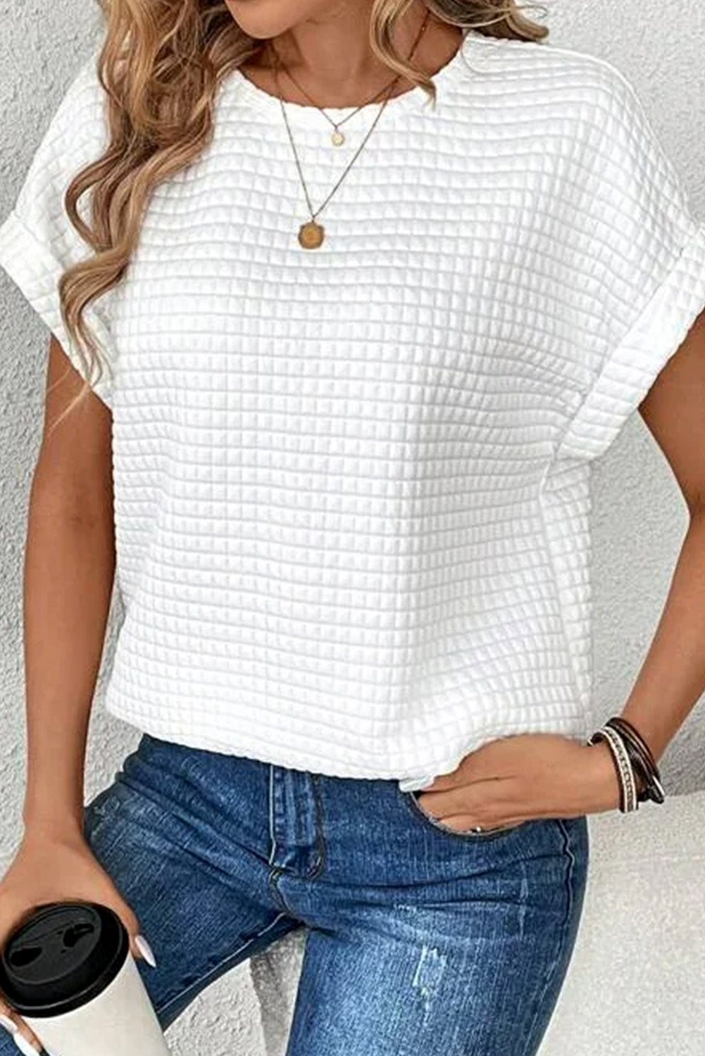 Checker Textured Bat Sleeve T-Shirt