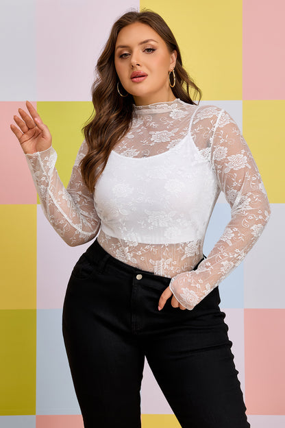 Plus Size Floral Mesh Long Sleeve Top