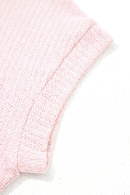 Solid Ribbed Knit Collared V-Neck Tee