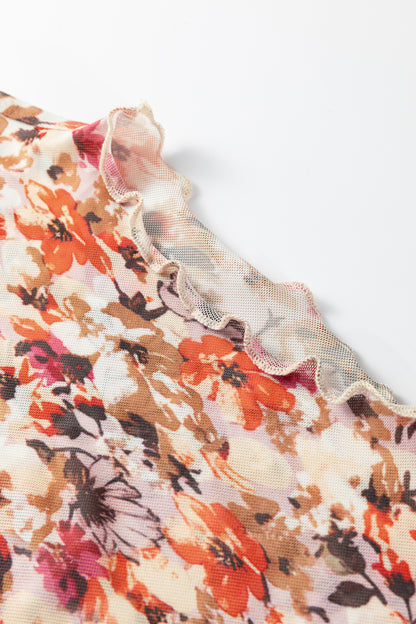 Floral Mesh Lettuce Trim Long Sleeve Top