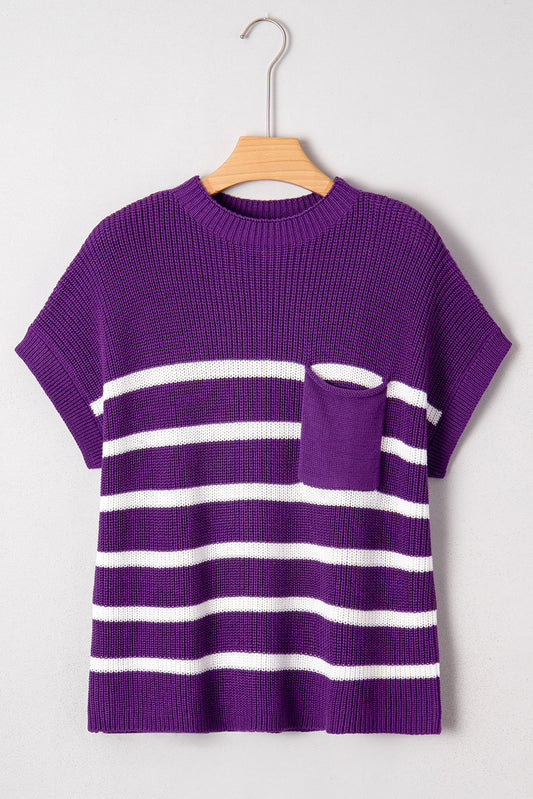 Stripe Patch Pocket Short Sleeve Knit Sweater