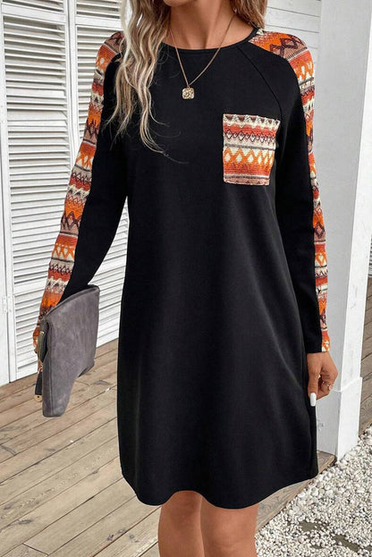 Geometric Patchwork Raglan Sleeve Dress