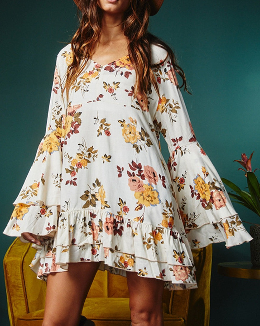 Floral Bell Sleeve Mini Dress