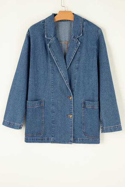 Denim Lapel Collar Pocketed Jacket