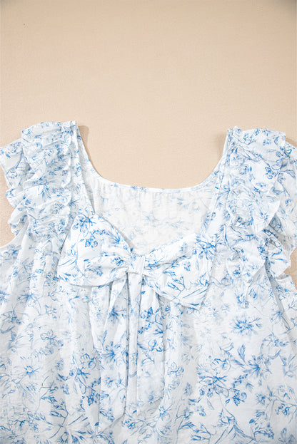 Floral Bow-Back Square Neck Ruffle Sleeve Blouse