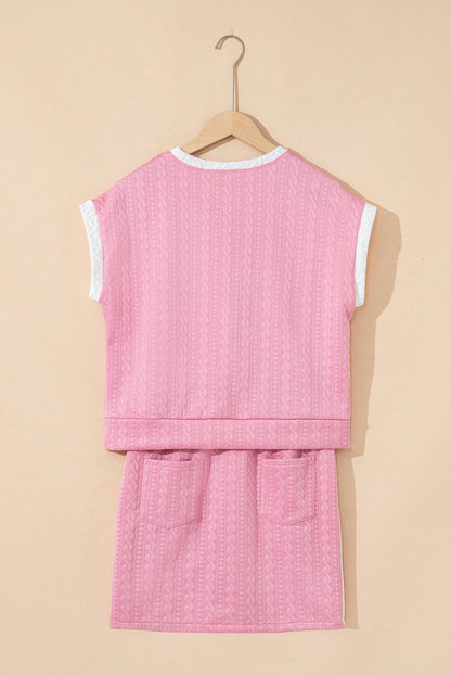 Textured Contrast Trim Crewneck Tee & Pocketed Skirt Set