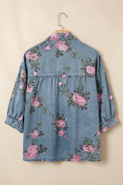 Floral Denim 3/4 Sleeve Buttoned Shirt