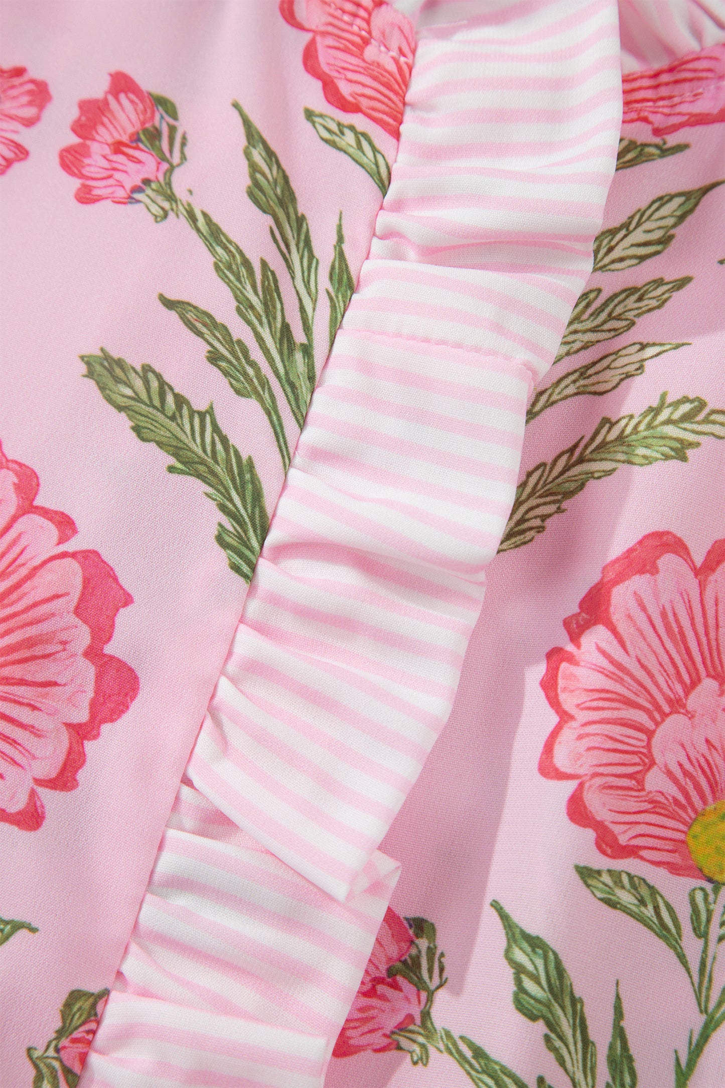 Floral Ruffle Stripe Trim Puff Sleeve Shirt