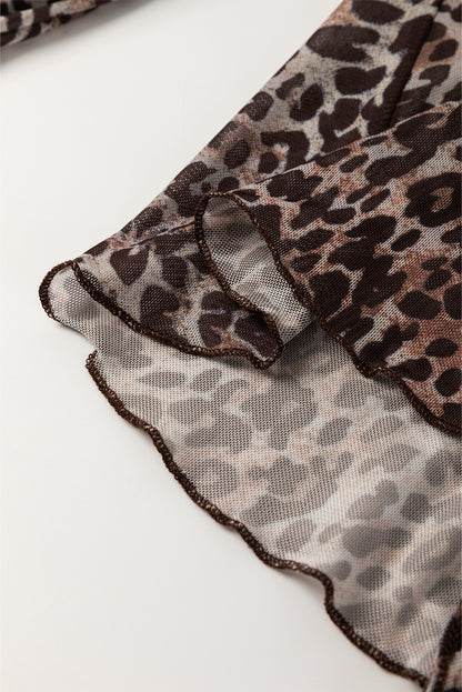 Leopard Sheer Mesh V-Neck Lace-up Top