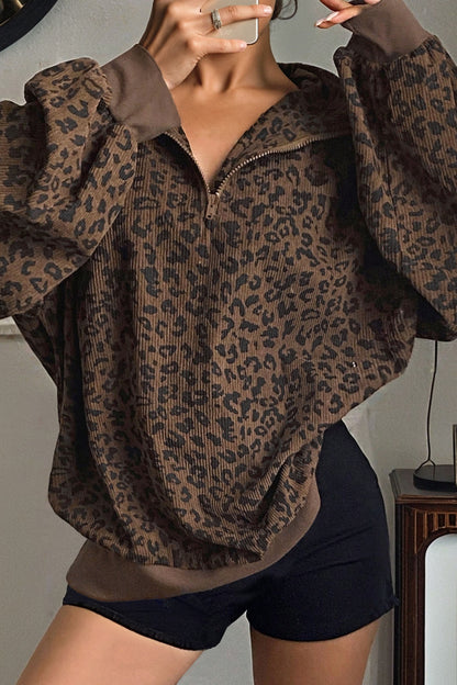 Brown Leopard Print Quarter Zip Corduroy Sweatshirt