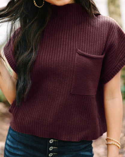 Ribbed Short Sleeve Pocketed Sweater