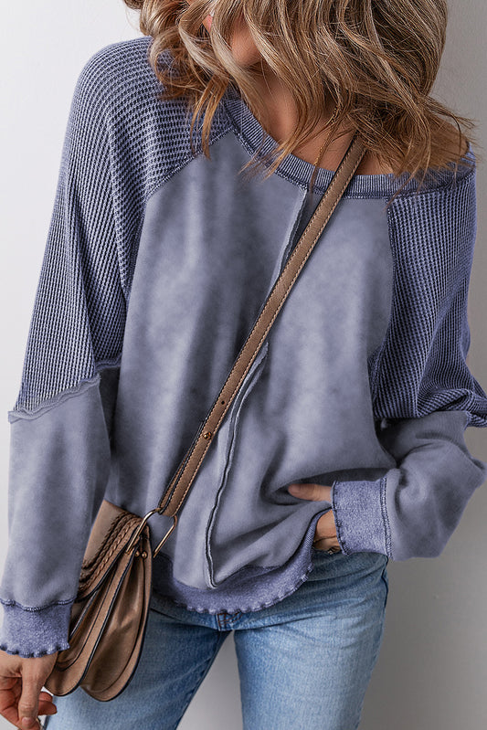 Waffle Knit Raglan Sleeve Sweatshirt