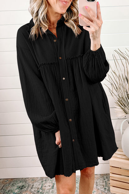 Gauze Puff Sleeve Shirt Dress