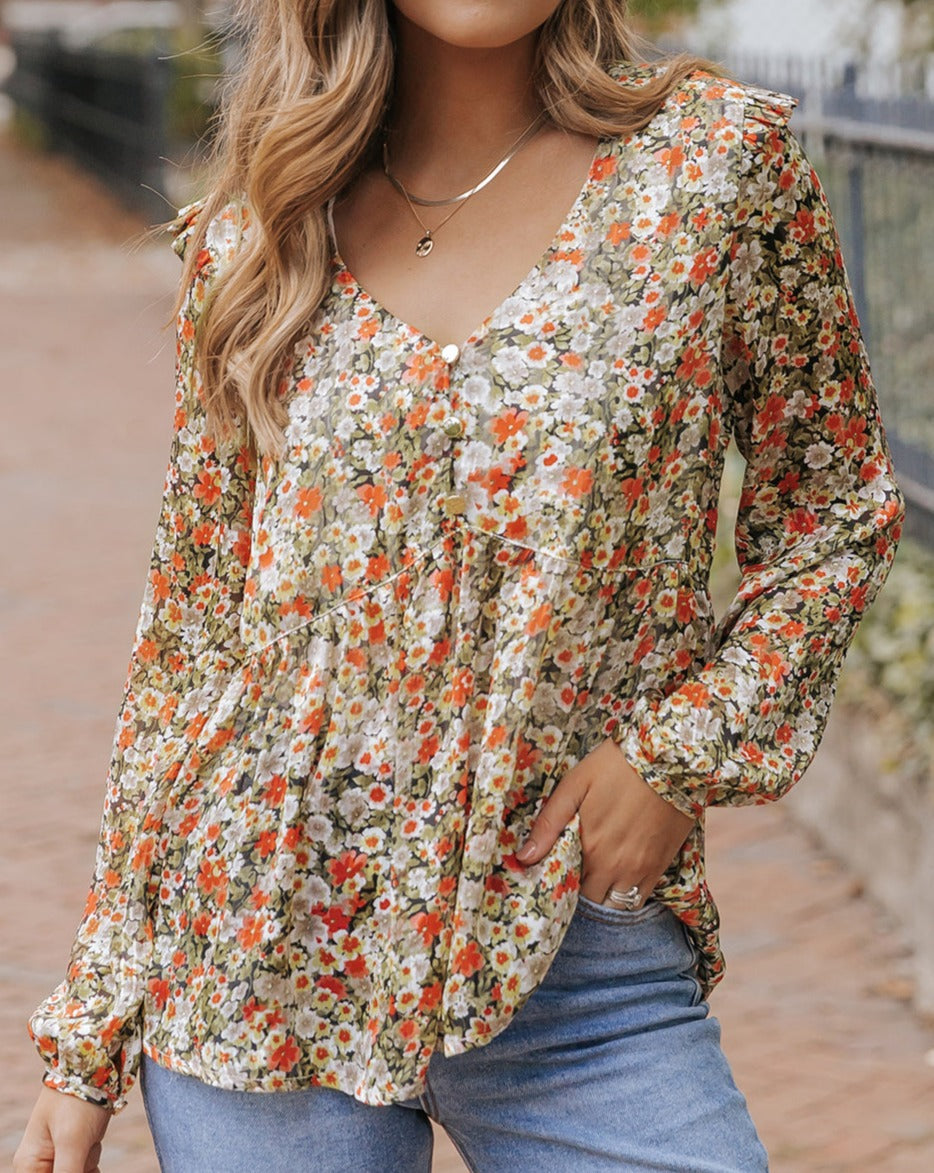 Floral Ruffle Babydoll V-Neck Blouse