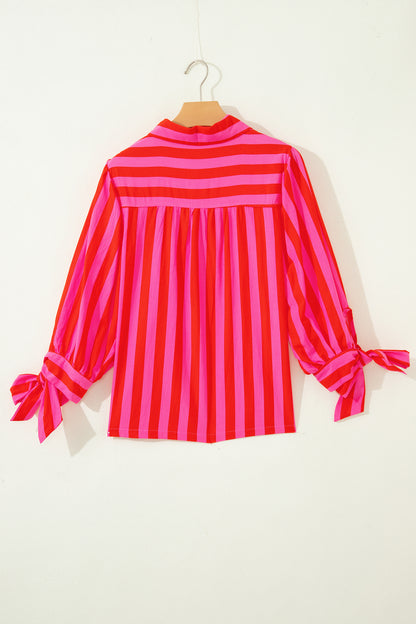 Stripe Tie Puff Sleeve Button Down Shirt