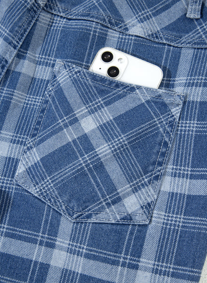 Denim Plaid Grommet Drawstring Waist Jeans
