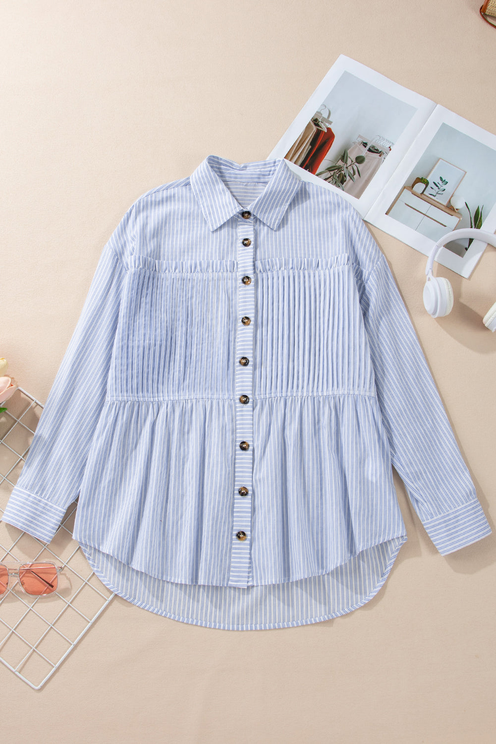 Stripe Pleated Ruffle Buttoned Shirt