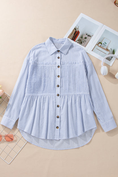 Stripe Pleated Ruffle Buttoned Shirt