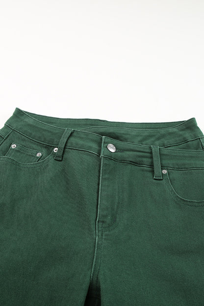 Solid Denim Crossed Waist Raw Hem Jeans