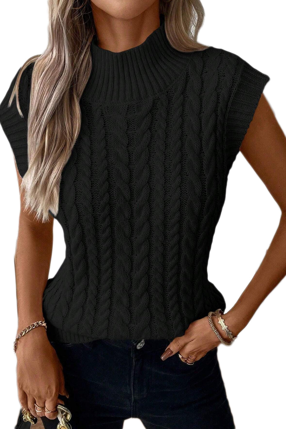 Cable High Neck Sweater Top