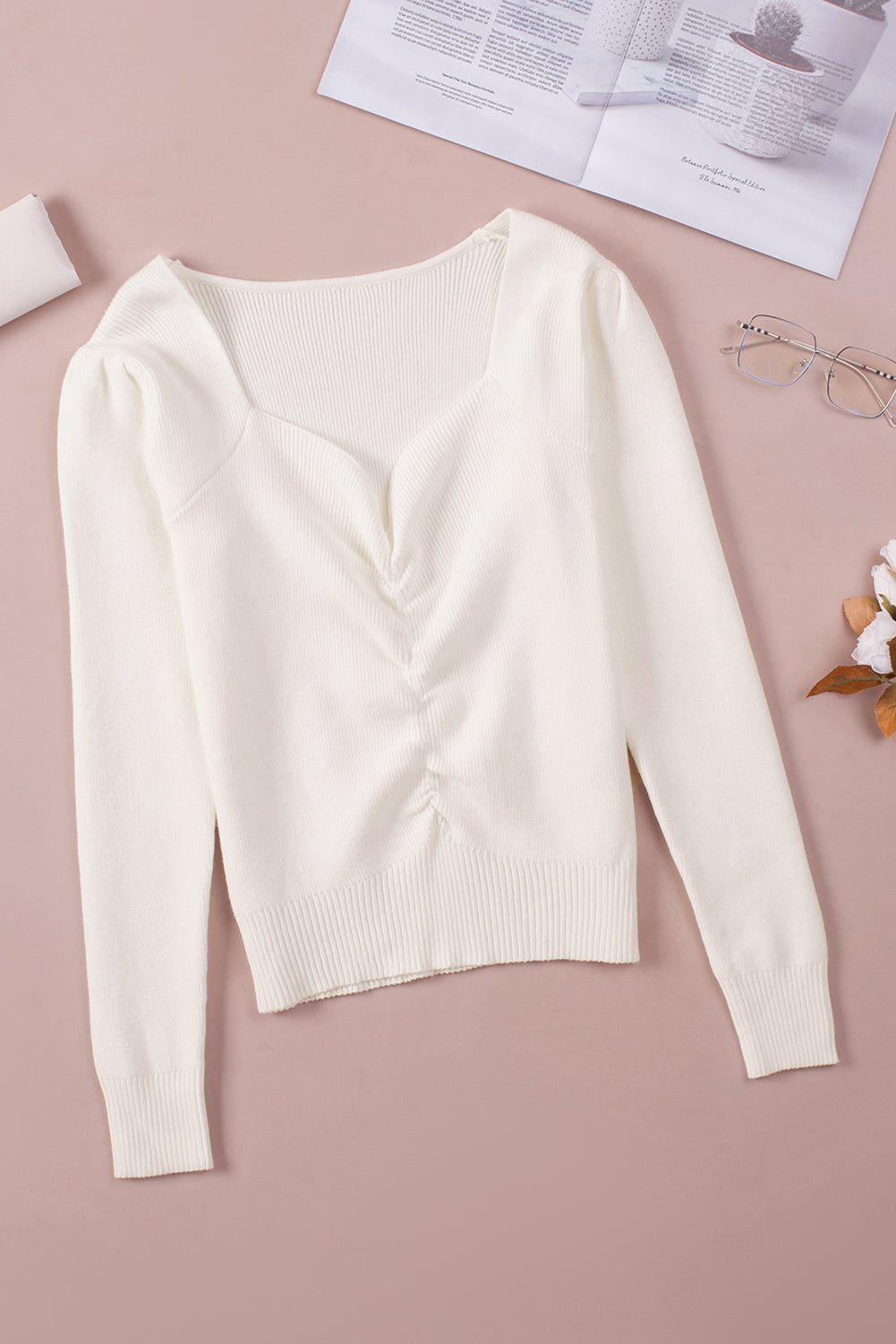 Ruched Sweetheart Neckline Sweater