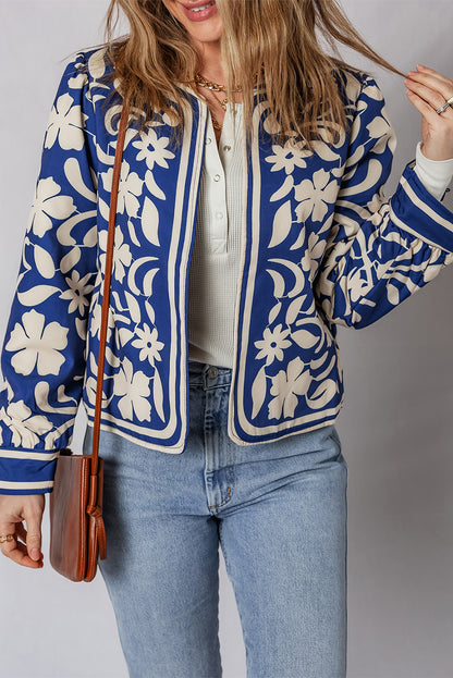 Floral Open Front Buttoned Cuff Jacket