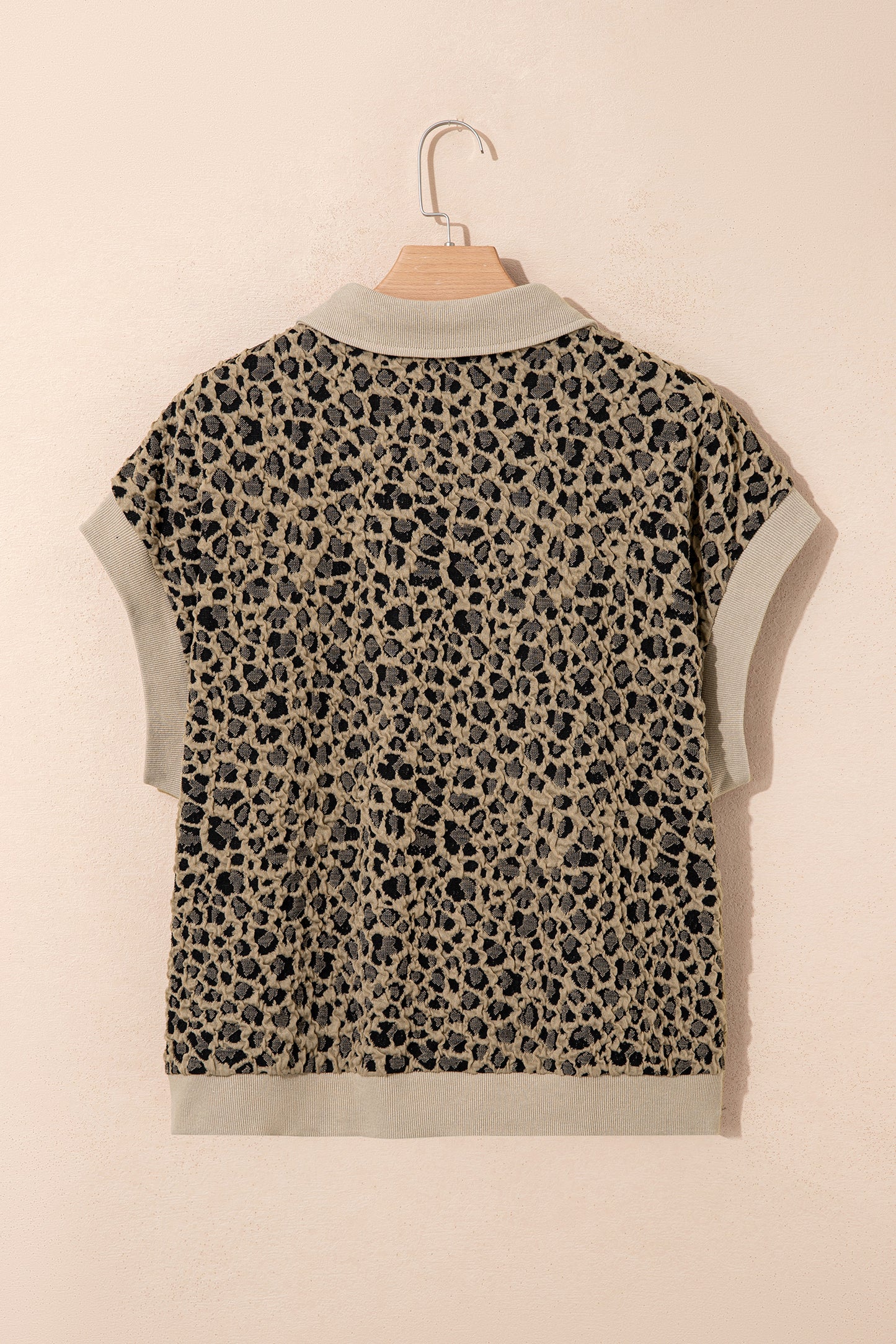 Plus Size Leopard Patchwork Ribbed Zip Up Collar Top