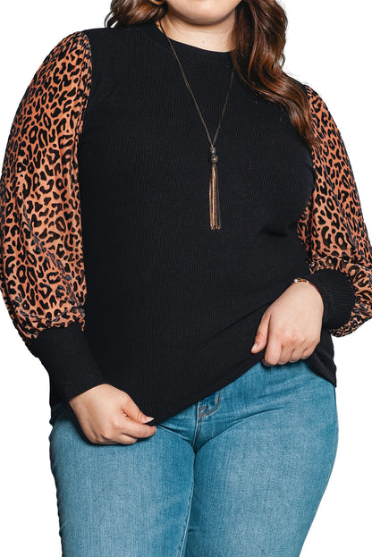 Leopard Ribbed Long Sleeve Top Plus Size