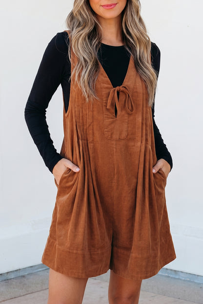 Solid Tie V-Neck Sleeveless Corduroy Romper