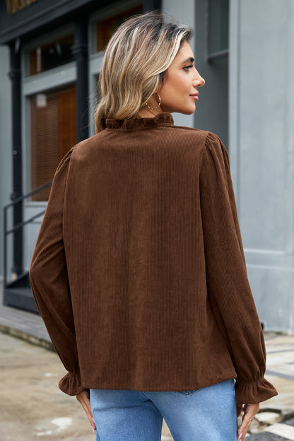 Solid Ruffle Trim V-Neck Long Sleeve Corduroy Shacket