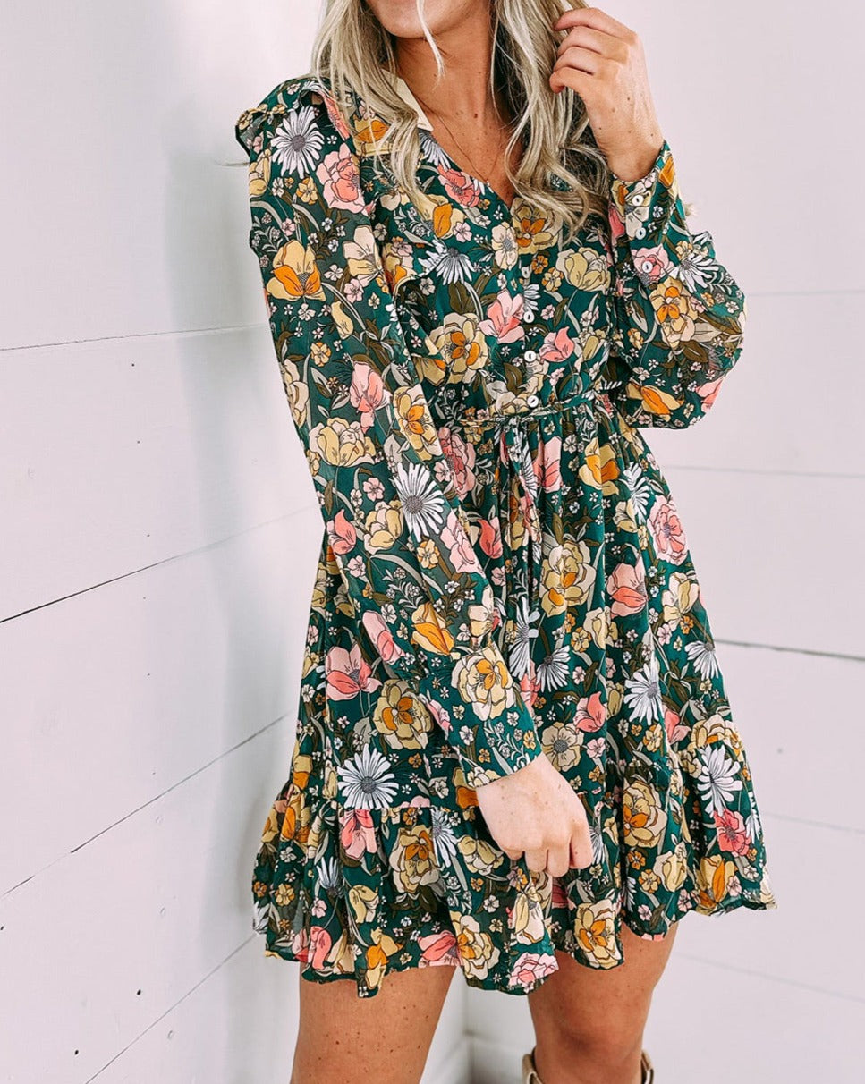 Floral Ruffle Buttoned Bodice Dress