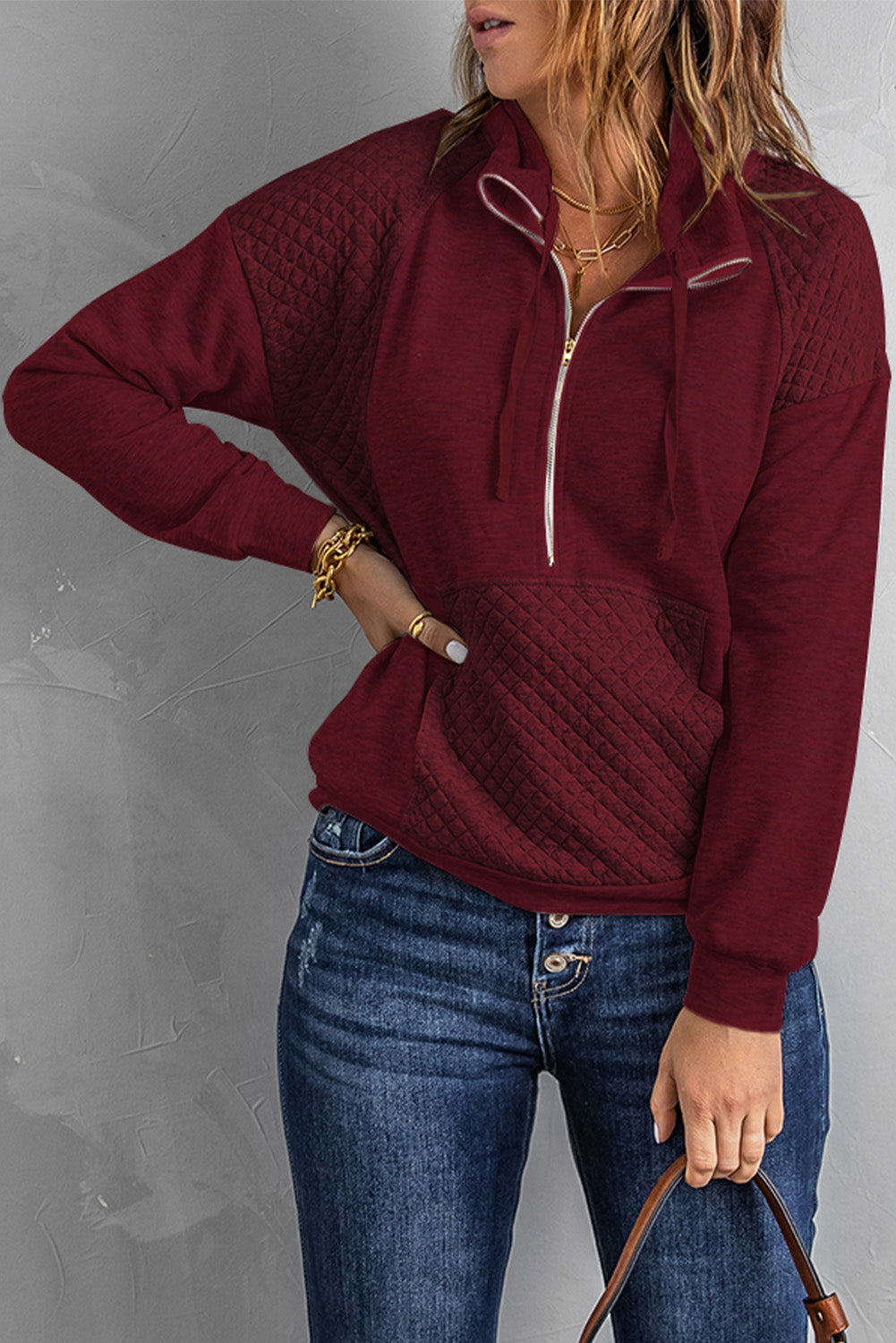 Quilted Patchwork Half Zip Sweatshirt