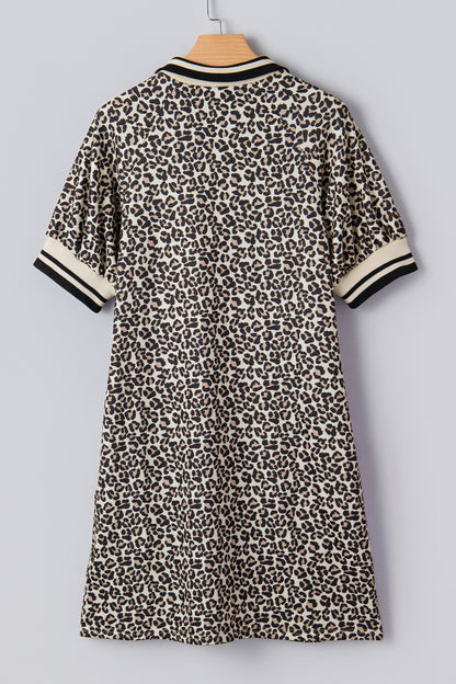 Leopard Stripe Patchwork Zip Collar Mini Dress