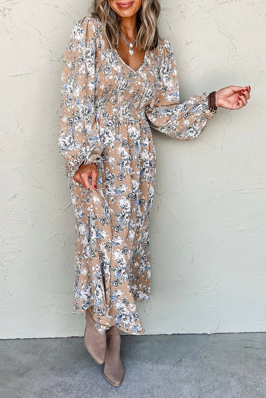 Floral Smocked V-Neck Maxi Dress