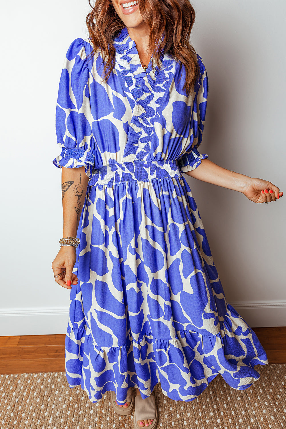 Abstract Smocked Waist Puff Sleeve Maxi Dress