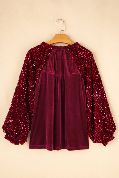 Sequin Velvet Buttoned V-Neck Top