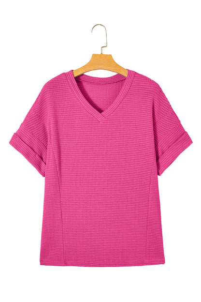 Solid Waffle Knit V-Neck Short Sleeve Top