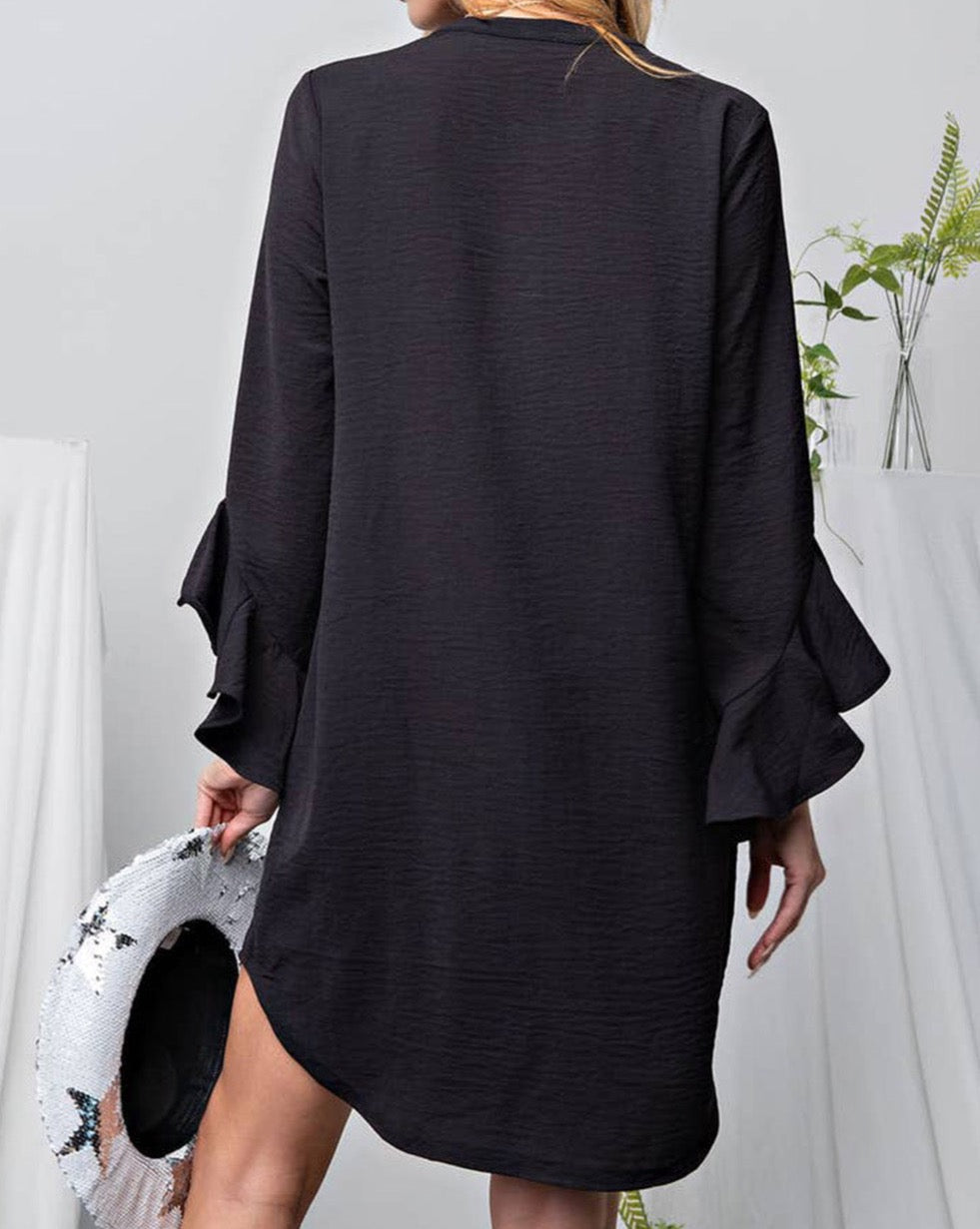 Pleated Ruffle 3/4 Sleeve Dress