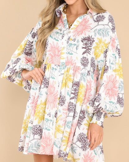 Floral Bubble Sleeve Shirt Dress