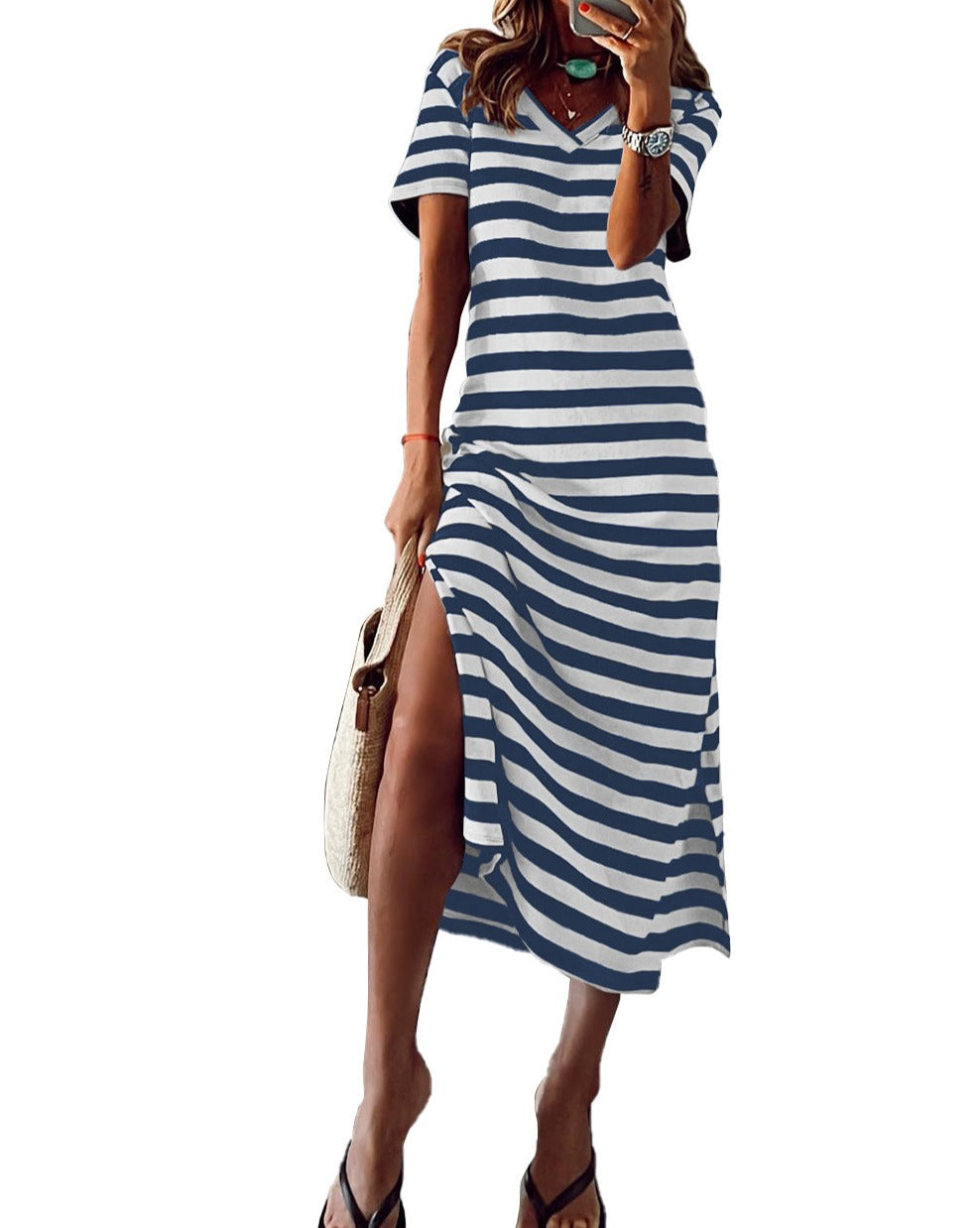 Stripe Side Slit Maxi Dress