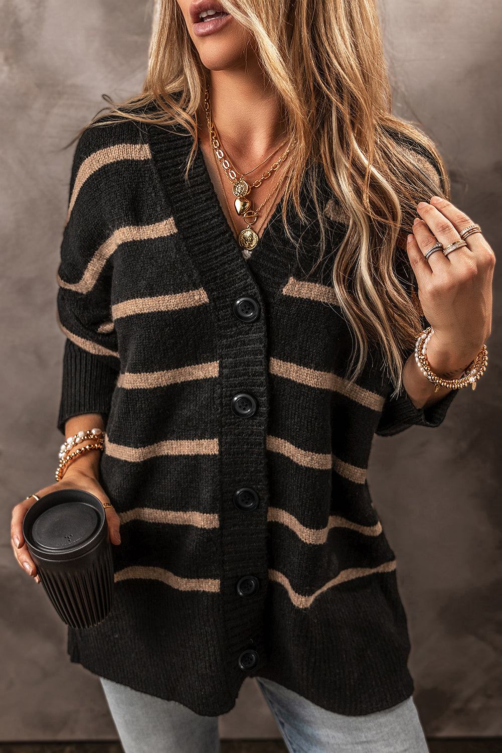 Stripe Buttoned V-Neck Cardigan