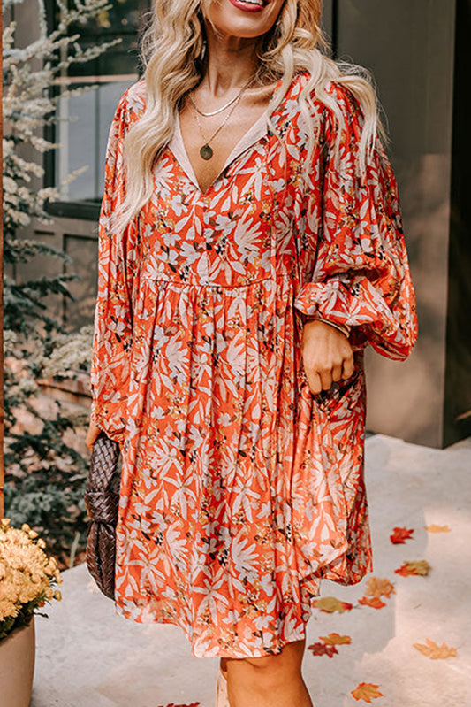 Plus Size Floral Bubble Sleeve Midi Dress