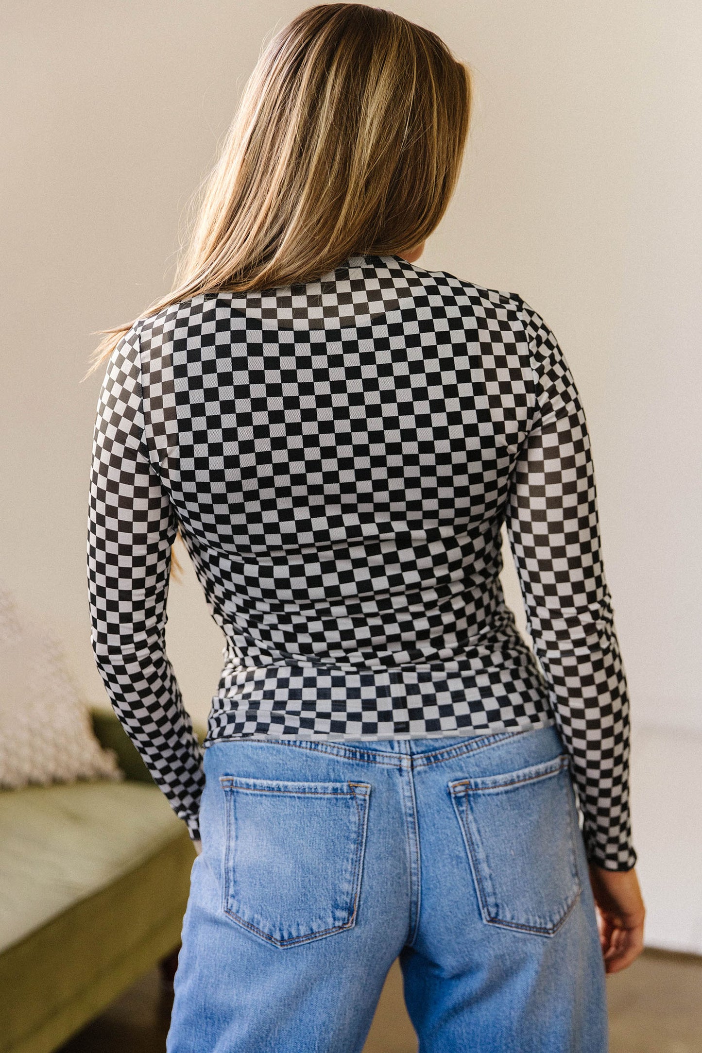 Checker Stand Neck Long Sleeve Mesh Top