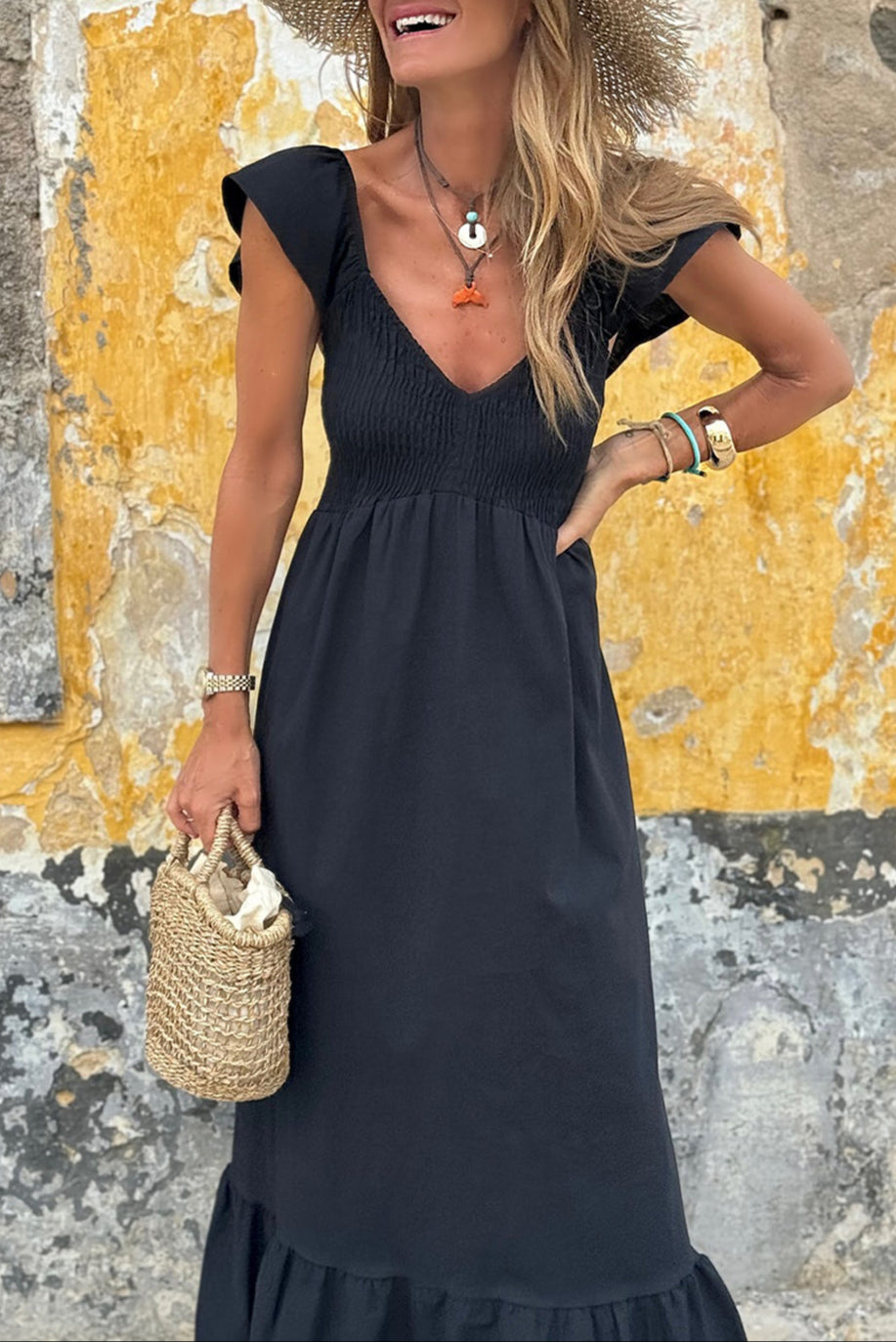 Solid Ruffle Sleeve Maxi Dress