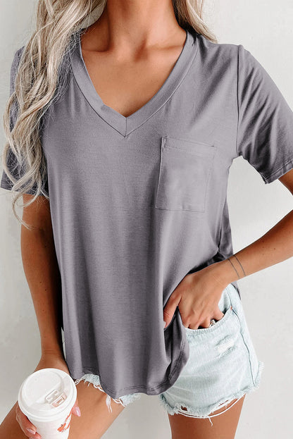 Pocketed V-Neck Rounded Hem Tee