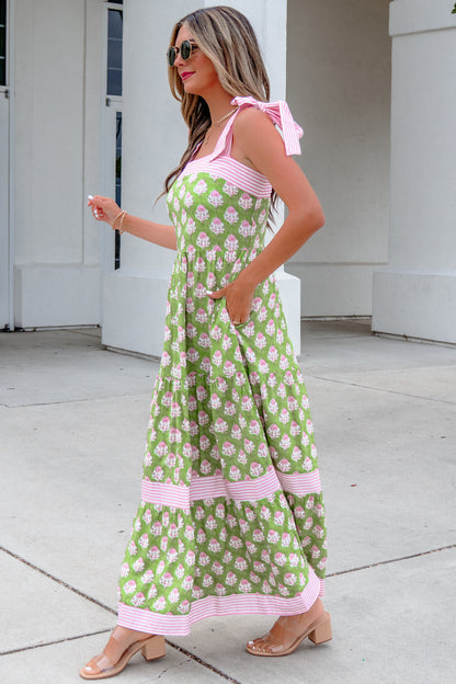 Floral Stripe Patchwork Knot Strap Maxi Dress