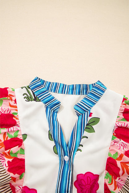 Floral Tie-Neck Stripe Detail Flutter Sleeve Blouse